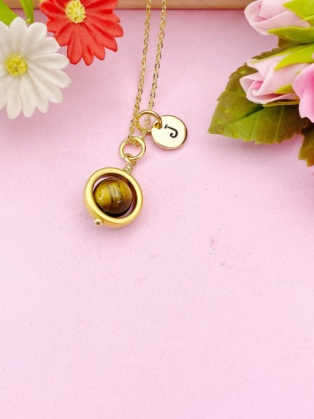 Gold Natural Tiger Eye Necklace, Natural Gemstone Jewelry, Spinner Necklace, N4691B