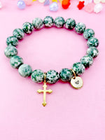 Green Spot Jasper Bracelet in Gold or Silver, Natural Green Spot Jasper Gemstone Jewelry, N6375