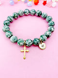 Green Spot Jasper Bracelet in Gold or Silver, Natural Green Spot Jasper Gemstone Jewelry, N6375