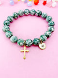 Green Spot Jasper Bracelet in Gold or Silver, Natural Green Spot Jasper Gemstone Jewelry, N6375