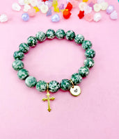 Green Spot Jasper Bracelet in Gold or Silver, Natural Green Spot Jasper Gemstone Jewelry, N6375