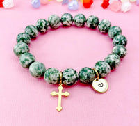 Green Spot Jasper Bracelet in Gold or Silver, Natural Green Spot Jasper Gemstone Jewelry, N6375