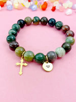 Indian Agate Bracelet in Gold or Silver, Natural Indian Agate Gemstone Jewelry, N6379