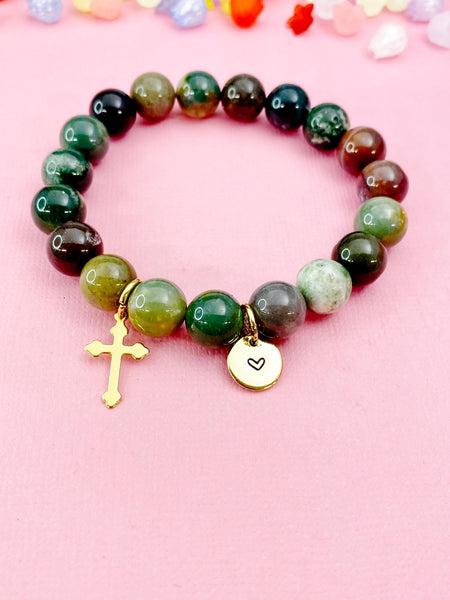 Indian Agate Bracelet in Gold or Silver, Natural Indian Agate Gemstone Jewelry, N6379