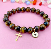 Tiger Eye Bracelet in Gold or Silver, Natural Tiger Eye Gemstone Jewelry, N6380
