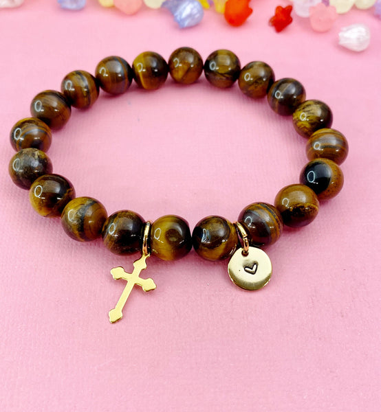 Tiger Eye Bracelet in Gold or Silver, Natural Tiger Eye Gemstone Jewelry, N6380