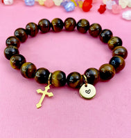 Tiger Eye Bracelet in Gold or Silver, Natural Tiger Eye Gemstone Jewelry, N6380