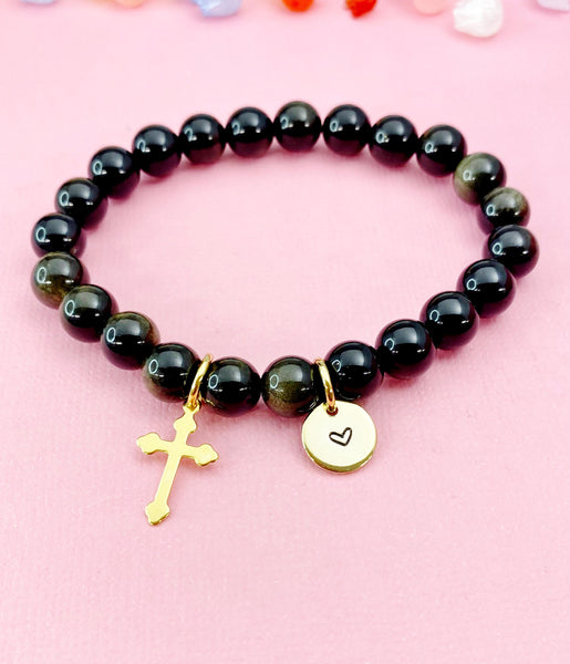 Golden Sheen Obsidian Bracelet in Gold or Silver, Natural Golden Sheen Obsidian Gemstone Jewelry, N6384