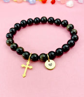 Golden Sheen Obsidian Bracelet in Gold or Silver, Natural Golden Sheen Obsidian Gemstone Jewelry, N6384