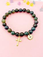 Moss Agate Bracelet in Gold or Silver, Natural Moss Agate Gemstone Jewelry, N6390