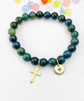 Moss Agate Bracelet in Gold or Silver, Natural Moss Agate Gemstone Jewelry, N6390