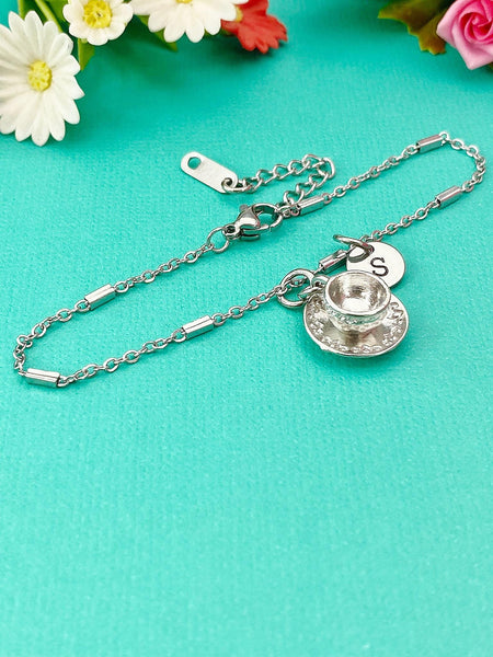 Cup and Saucer Teacup Charm Bracelet in Silver, Tea Party Gift, N811B