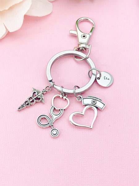 Heart with Nurse Cap Caduceus Stethoscope Keychain, N6430