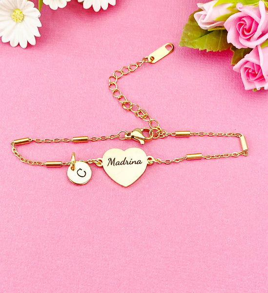 Gold Madrina Bracelet, Heart, Maid of Honor Godmother Jewelry, Wedding Gift, Silver Option, D574