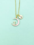 Gold Pink Cat Sit on the Crescent Moon Charm Necklace, Pink Cat Charm, Crescent Half Moon Charm, N256