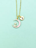 Gold Pink Cat on Moon Charm Necklace, Initial Necklace