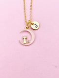 Gold Pink Cat Sit on the Crescent Moon Charm Necklace, Pink Cat Charm, Crescent Half Moon Charm, N256