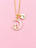 Gold Pink Cat on Moon Charm Necklace, Initial Necklace