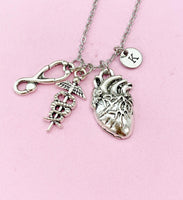 Anatomy Heart Stethoscope Caduceus Charm Silver Necklace, Cardiologist Gift, Medical School Student Gifts, N5283N