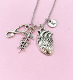 Anatomy Heart Stethoscope Caduceus Charm Silver Necklace, Cardiologist Gift, Medical School Student Gifts, N5283N