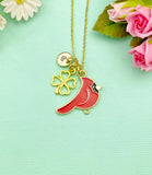 Gold Red Bird Cardinal Clover Charm Necklace, N5257A