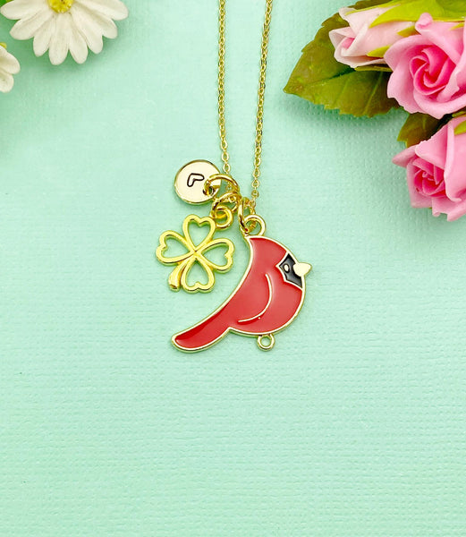 Gold Red Bird Cardinal Clover Charm Necklace, N5257A