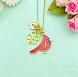 Gold Red Bird Cardinal Clover Charm Necklace, N5257A