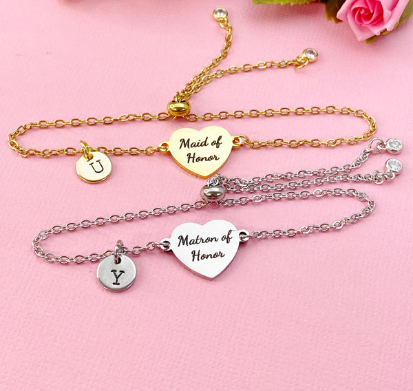 Maid of Honor or Matron of Honor Bracelet, Gold or Silver Heart Maid of Honor or Matron of Honor Jewelry, Wedding Gift, D578