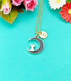 Cat Sitting on Crescent Moon Charm Gold Necklace, N6331