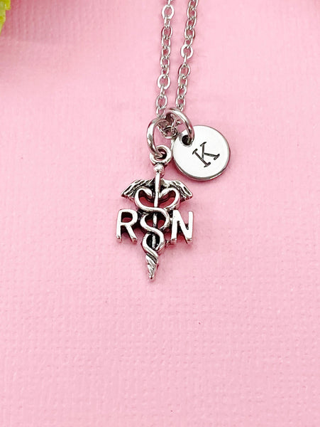 Silver Registered Nurse Necklace, RN Caduceus Medical Symbol Charm, Perfect as a Nursing Gift, Graduation Gift, N2586