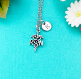RN Caduceus Necklace, Initial Charm, Nursing Graduation Gift