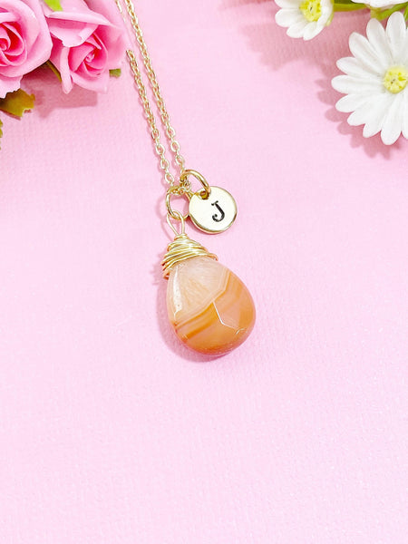 Agate Necklace in Gold or Silver, Natural Agate Gemstone Jewelry, Teardrop Wire Wrap, N6358