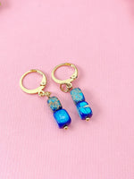 Regalite Imperial Jasper Sea Sediment Jasper Earrings in Gold or Silver, Cuboid, Deep Sky Blue, Natural Gemstone Jewelry, N6367E