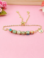 Natural Regalite Imperial Jasper Sea Sediment Jasper Bracelet, Cuboid, Sky Blue, Gold Natural Gemstone Jewelry, N6369