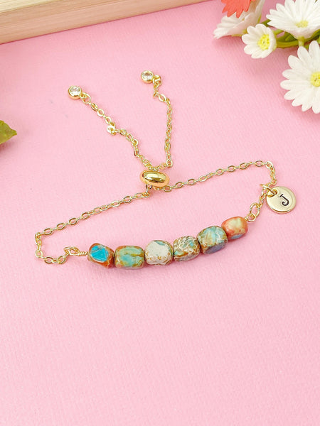 Natural Regalite Imperial Jasper Sea Sediment Jasper Bracelet, Cuboid, Sky Blue, Gold Natural Gemstone Jewelry, N6369
