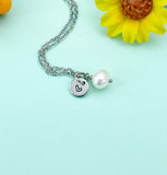 Freshwater Pearl Necklace, Initial Charm, Stainless Steel Cable Chain