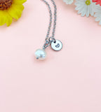 Freshwater Pearl Necklace, Initial Charm, Stainless Steel Cable Chain