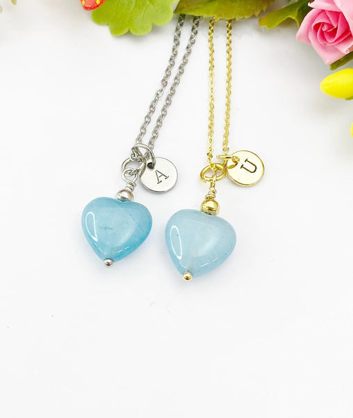 Natural Aquamarine Heart Charm Necklace – Gold or Silver for March Birthstone Gift, N6461