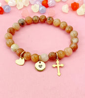 Plum Blossom Jasper Bracelet in Gold or Silver, Natural Plum Blossom Jasper Gemstone Jewelry, N6373