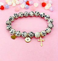 Dalmatian Jasper Bracelet in Gold or Silver, Natural Dalmatian Jasper Gemstone Jewelry, N6374