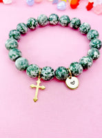 Green Spot Jasper Bracelet in Gold or Silver, Natural Green Spot Jasper Gemstone Jewelry, N6375