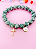 Green Spot Jasper Bracelet in Gold or Silver, Natural Green Spot Jasper Gemstone Jewelry, N6375