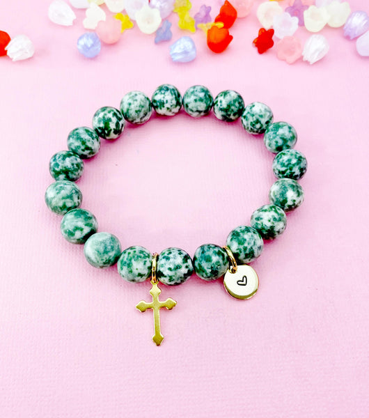Green Spot Jasper Bracelet in Gold or Silver, Natural Green Spot Jasper Gemstone Jewelry, N6375