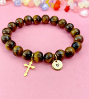 Tiger Eye Bracelet in Gold or Silver, Natural Tiger Eye Gemstone Jewelry, N6380