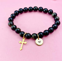 Golden Sheen Obsidian Bracelet in Gold or Silver, Natural Golden Sheen Obsidian Gemstone Jewelry, N6384