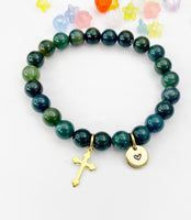Moss Agate Bracelet in Gold or Silver, Natural Moss Agate Gemstone Jewelry, N6390