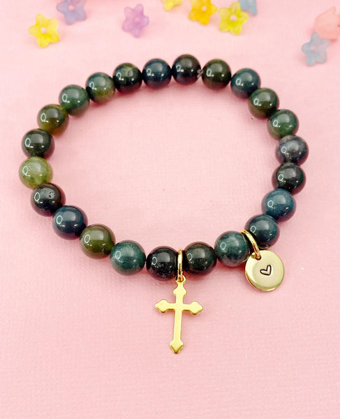 Moss Agate Bracelet in Gold or Silver, Natural Moss Agate Gemstone Jewelry, N6390