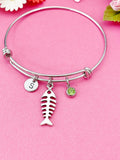 Ichthus Fish Bone Charm Bracelet, Initial, Birthstone, Adjustable Bangle