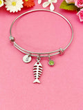 Ichthus Fish Bone Charm Bracelet, Initial, Birthstone, Adjustable Bangle