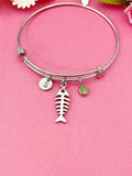 Ichthus Fish Bone Charm Bracelet, Initial, Birthstone, Adjustable Bangle